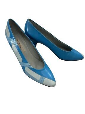 Vintage 70s 80s Sesto Meucci Blue Leather Pumps Italy Pointed Toe Heels 8 Slim